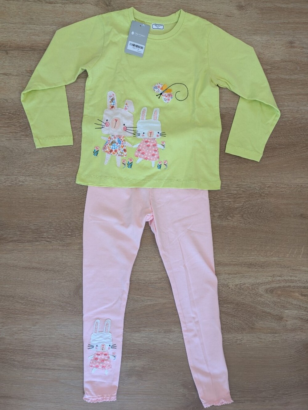 Girls Bunny Applique Two-Piece Set - Lime & Light Pink